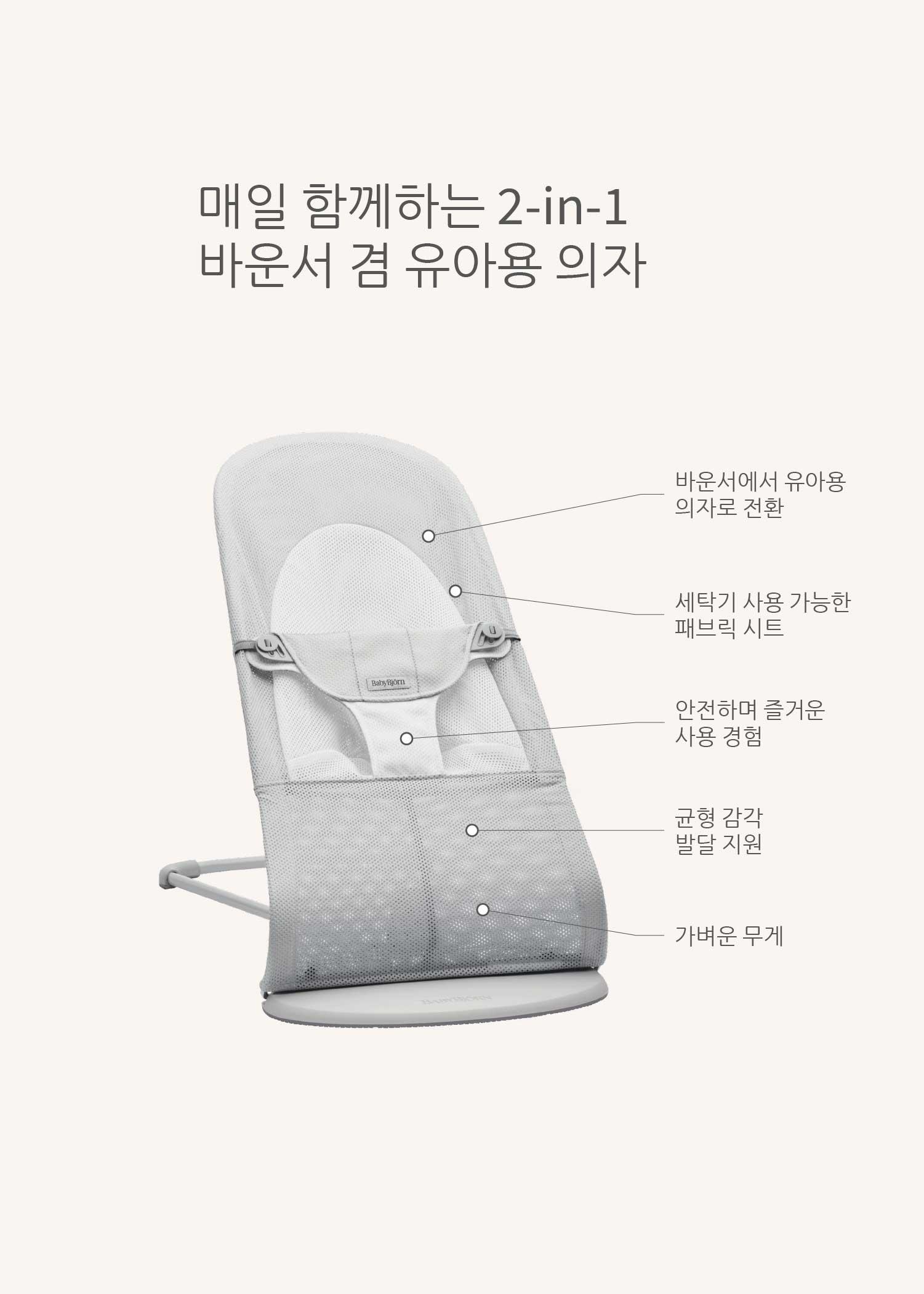 A gray 2-in-1 baby bouncer chair with features labeled in Korean, including washable fabric, balance support, and lightweight design.