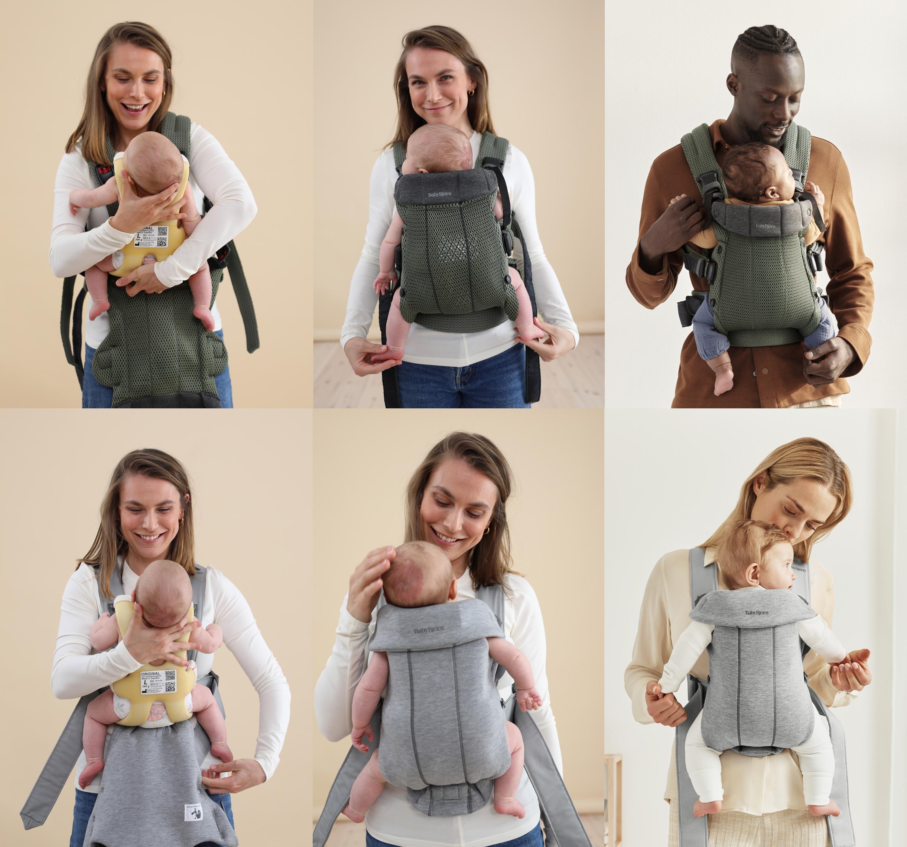 Adults carrying babies in various positions using baby carriers. The carriers are green and gray, and the background is simple and neutral.