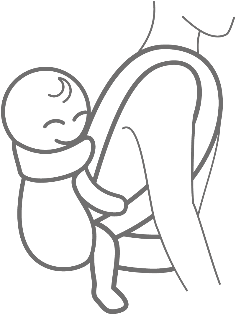 Line drawing of a person carrying a baby in a front-facing carrier. The baby is asleep, and the carrier straps are visible.