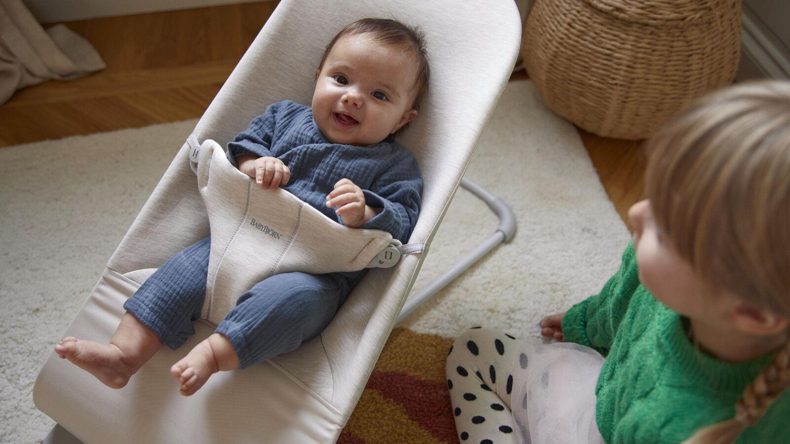 Baby Bouncer Bliss baby and older sibling