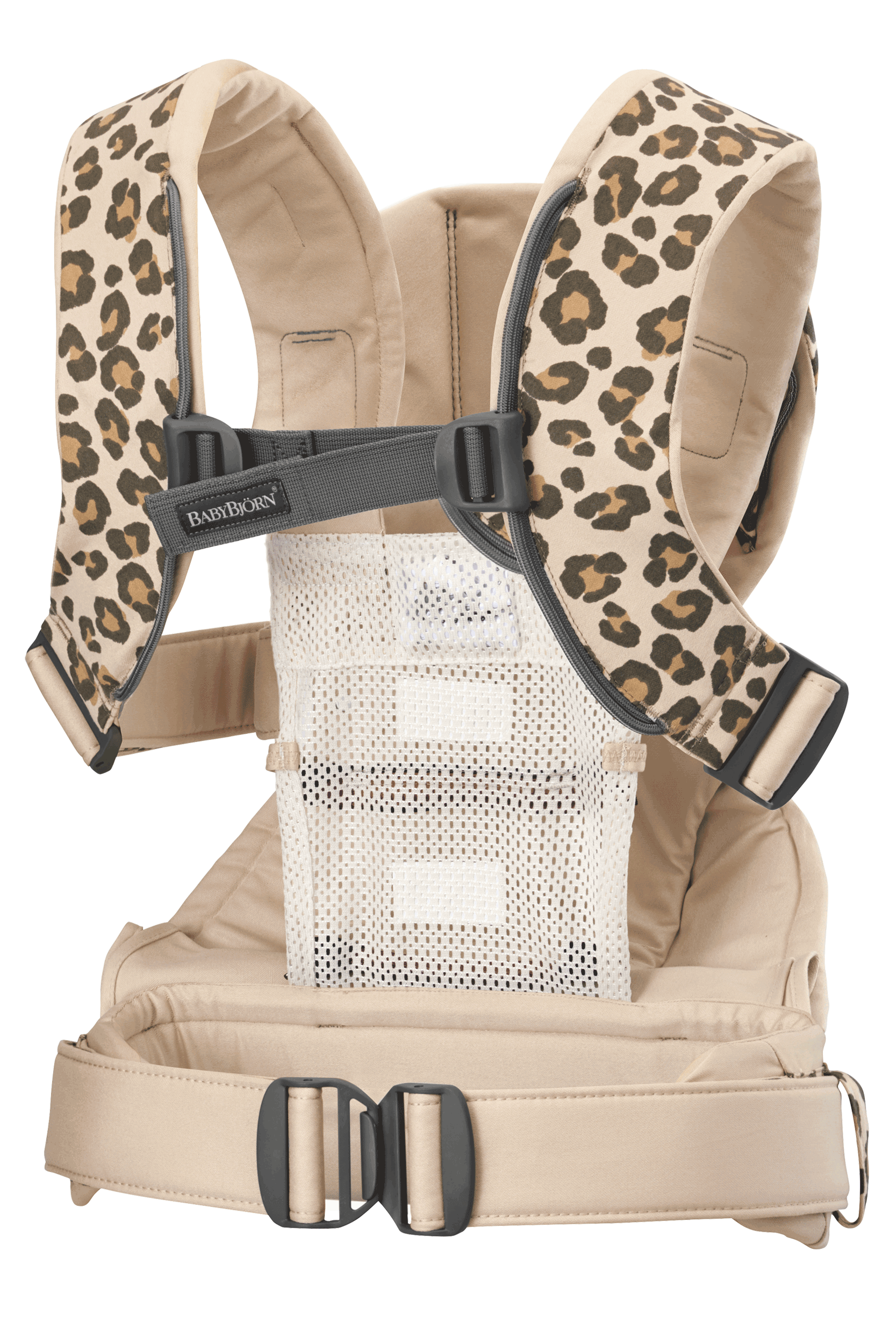 Baby Carrier One in Beige/Leopard Cotton, good back support and sturdy waist belt