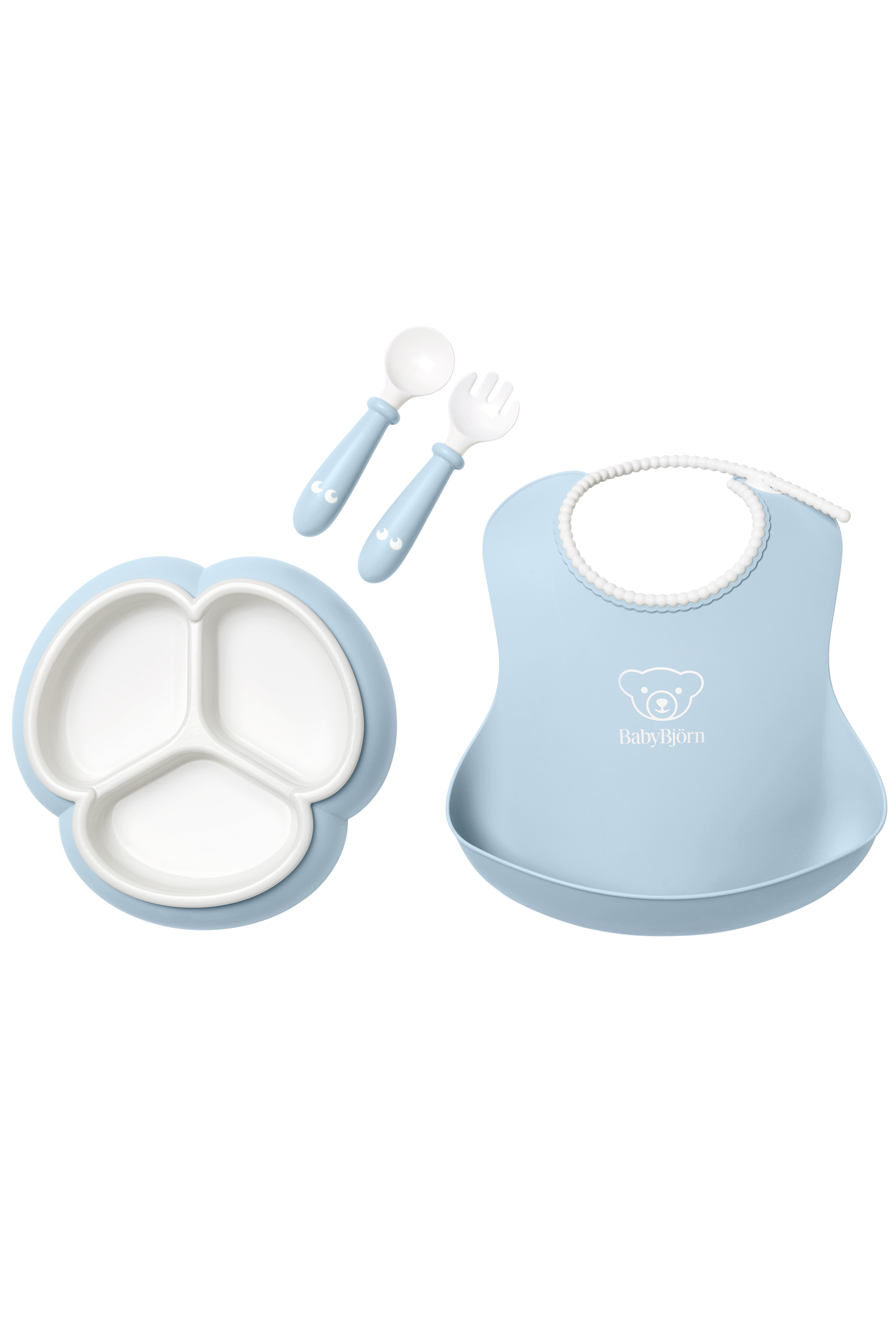 Mealtime set with divided plate, baby cutlery and a bib with spill pocket - BabyBjörn