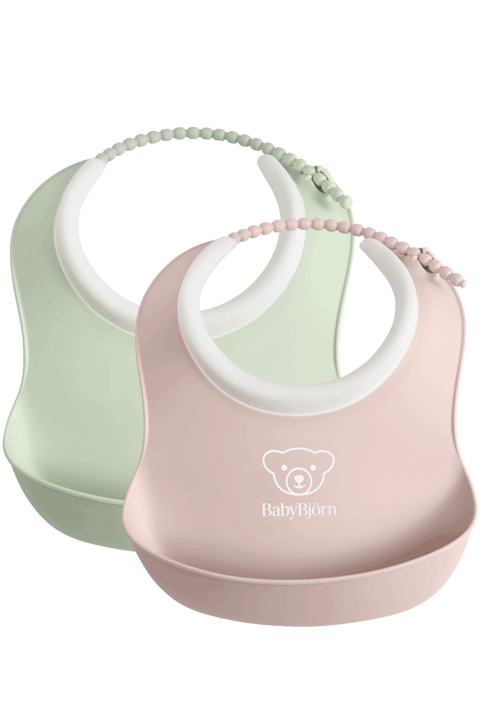 Baby Bib in 2-pack with deep spill pocket, powder green and pink - BabyBjörn