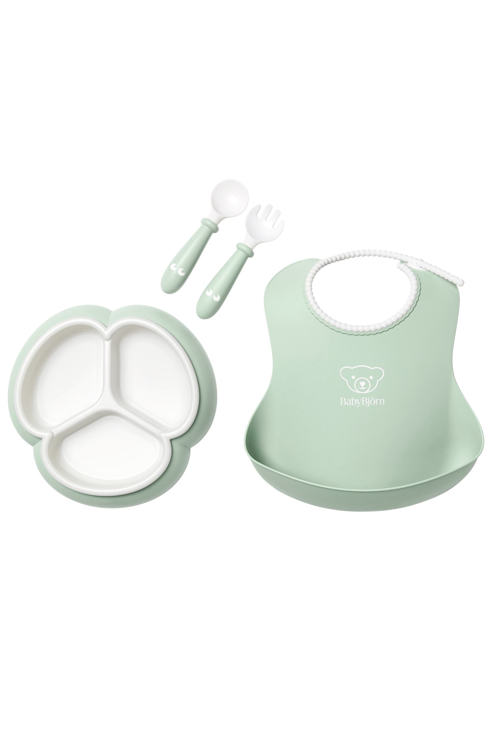 Mealtime set with divided plate, baby cutlery and a bib with spill pocket - BabyBjörn