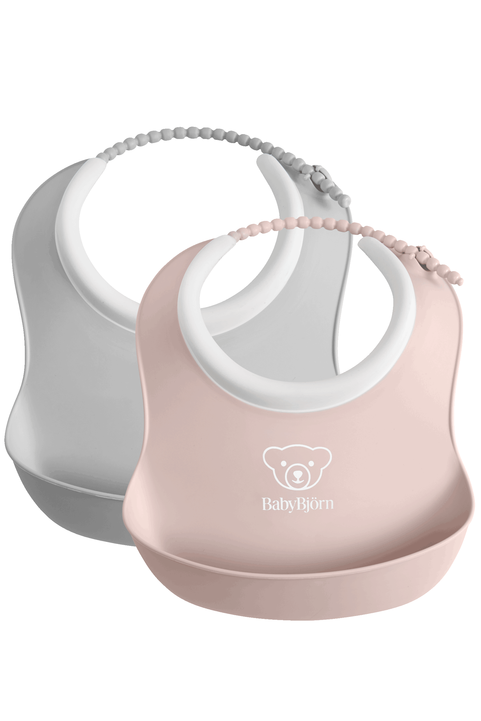Small Baby Bib in 2-pack in powder pink/grey with spill pocket - BabyBjörn