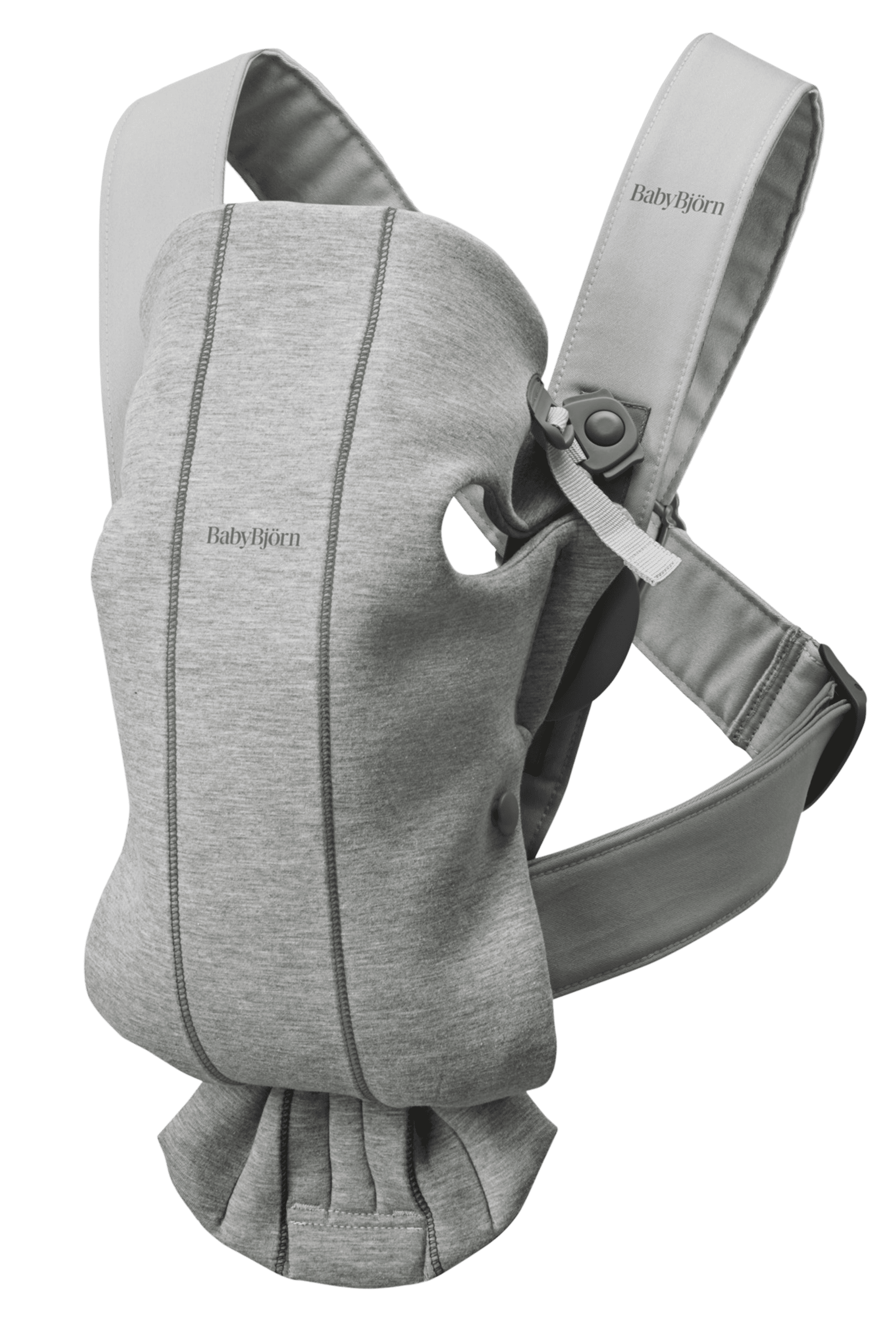 Light Gray BabyBjörn baby carrier with adjustable straps and ergonomic design, featuring a soft, padded front panel for comfort and support.