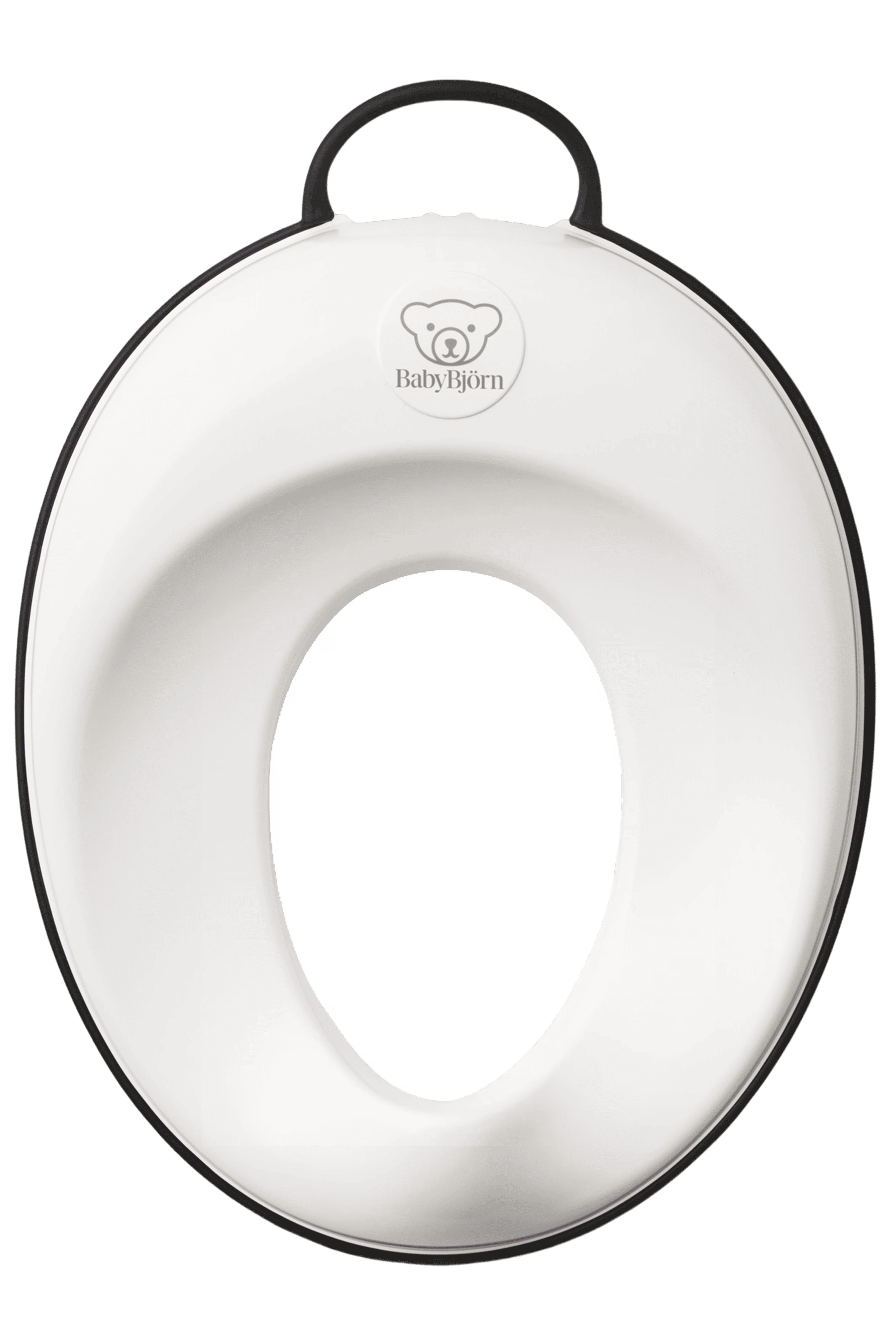 White BabyBjörn toilet training seat with a bear logo, featuring a handle on top for easy portability.