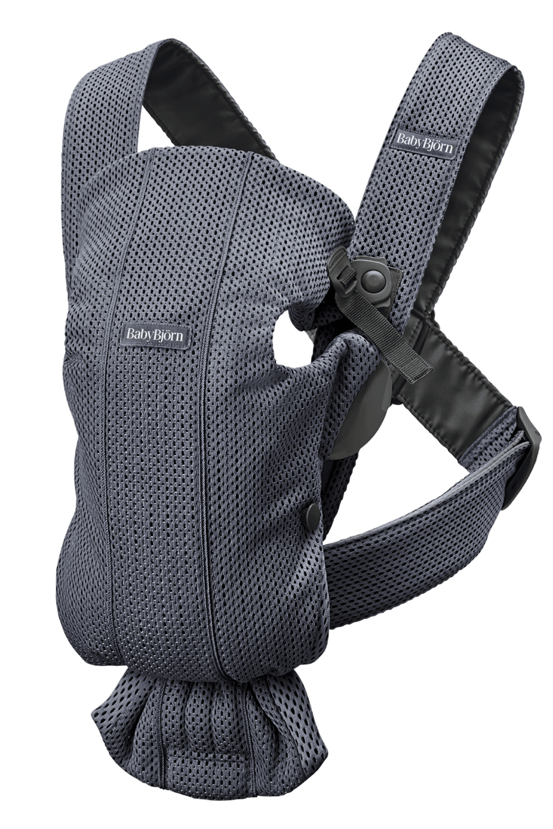 Gray BabyBjörn baby carrier with breathable mesh fabric and adjustable straps, designed for front carrying.