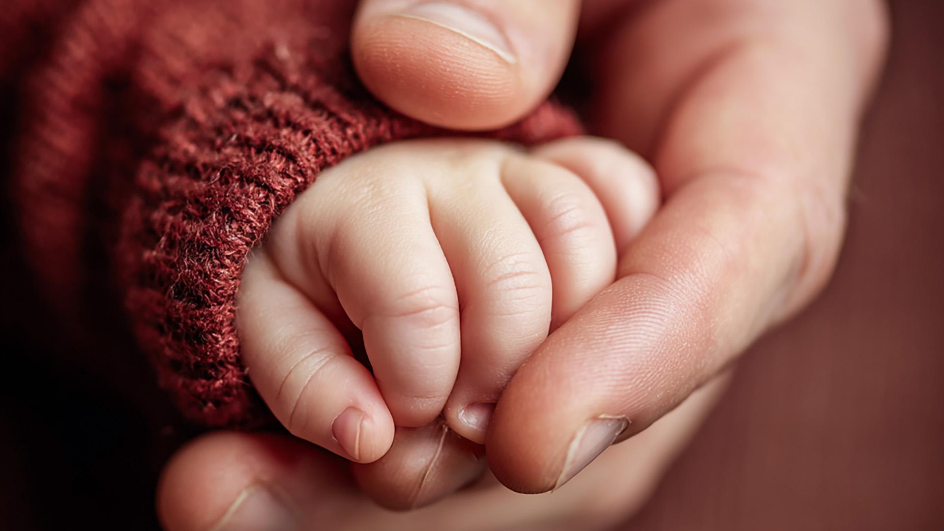 Close-up of an adult hand gently holding a newborn's tiny fist wrapped in a burgundy knit sleeve.