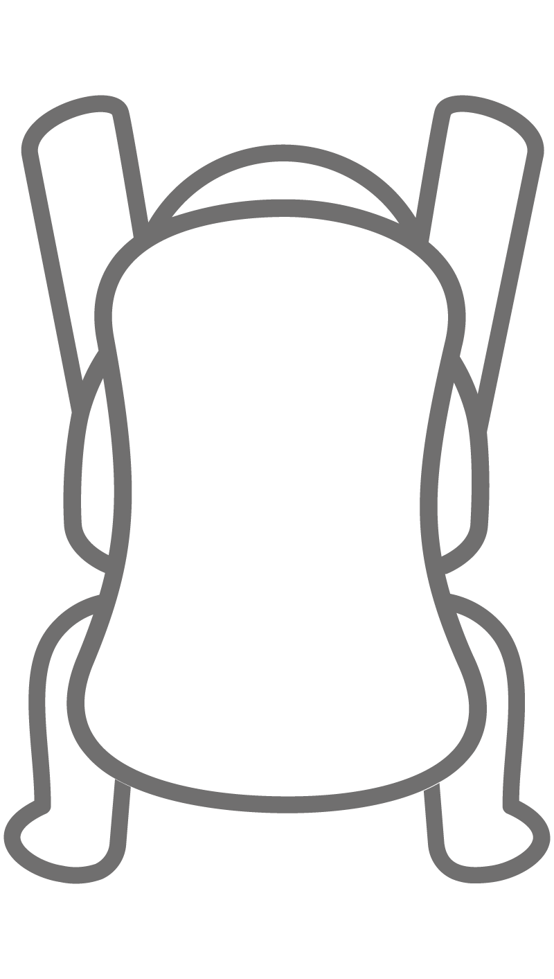 Simple line drawing of a backpack with two straps and two side pockets, viewed from the front.