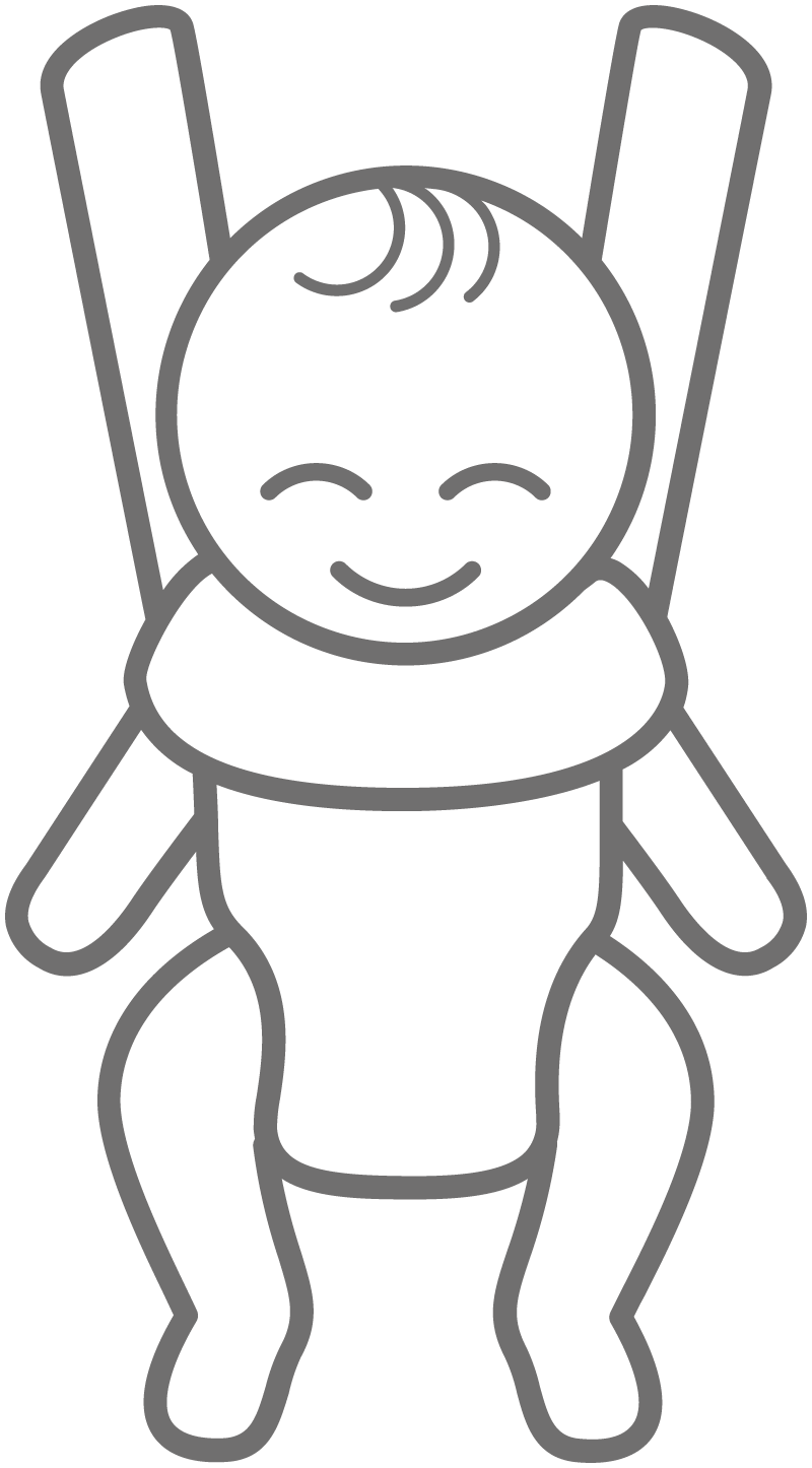 Outline of a smiling baby in a carrier, with legs and arms extended, and a swirl of hair on its head.